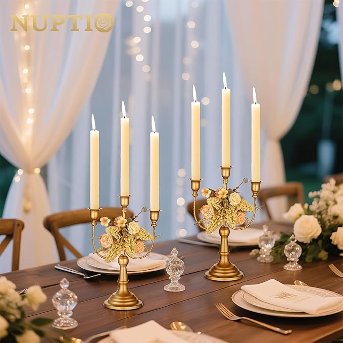 NUPTIO Candlestick Holders Candelabras Gold Candle Stick Stands 2 Pcs Metal Candelabra Centerpieces Candlestick Holders for Tapered Candles Wedding Birthday Party Dining Table Christmas Decoration 11"