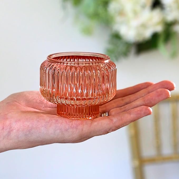 Kate Aspen Rose Gold Taper Candle Holders for Candlesticks Set of 4, Ribbed Glass Candlestick Holders, Votive Candle Holder Decor Accents, Pink Room Styling, Wedding & Home Centerpieces, Table Decor