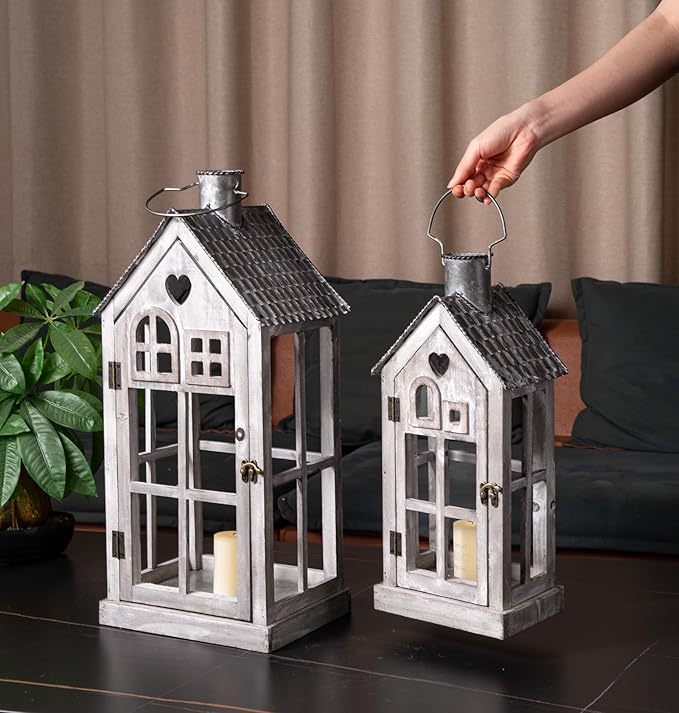 Large Farmhouse Wooden Metal Candle Lantern Set of 2, Rustic Decorative Floor Lanterns, Indoor/Outdoor Village Houses Lantern for Home Decor (No Glass)