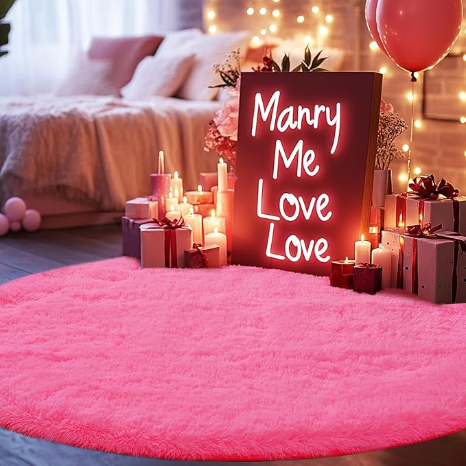 Round 4x4ft Fluffy Hot Pink Rug: Ultra Soft Furry Girls Bedroom Carpet- Oval Plush Shag Nursery Rug for Girls Room & Kids Room- Round Fuzzy Rugs, Home Decor, Non-Slip Easy Clean