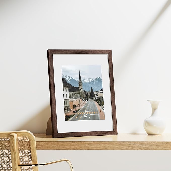 Vittanly 11x14 Picture Frames Set of 9, Shatter Resistant Plexiglass, Display 8x10 Pictures with Mat or 11x14 without Mat, Photo Frames for Wall or Tabletop, Engineered Wood, Walnut