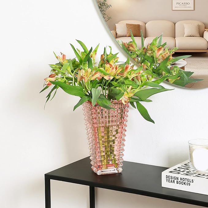 MCMCNCUIU Crystal Vase, Large Crystal Vases for Flowers, Pink Large Flower Vase, Modern Glass Vases for Living Room, Bedroom, Kitchen, Dining Table, Mantle, Wedding, 9 Inches