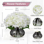 Hollyone Hydrangea Artificial Flowers with Glass Vase White Silk Faux Flowers Arrangements with Faux Water Fake Floral Bulk Bouquet for Home Decor Table Centerpiece Decorations