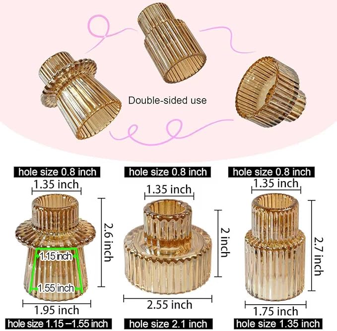 Double Sided Vintage Ribbed Taper Glass Candle Holders,Tea Candle Holder for Table Centerpieces, Wedding Decorations and Dinner Parties (Gold, 3 PCS)
