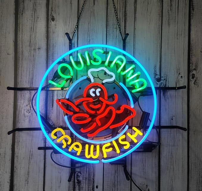 Neon Signs Beer Bar Louisiana Crawfish With Circle Border Glass Neon Signs for Office Pub Cafe Party Man Cave Neon Light Art Wall Lights 24 X 20 Inches