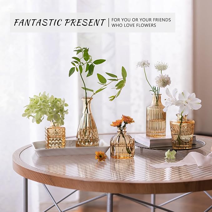 12pcs Glass Bud Vase Set, Small Gold Amber Flower Vases for Centerpieces in Bulk, Mini Vintage Vase for Wedding, Home,Table Decoration
