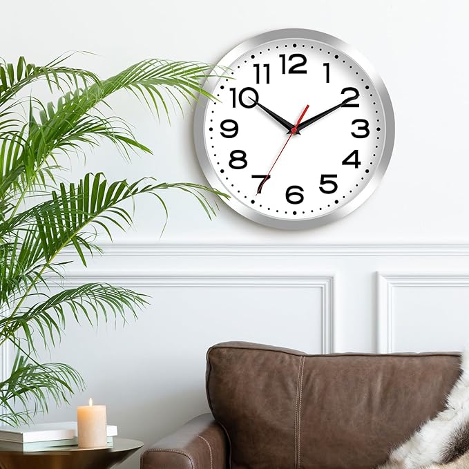 Wall Clock Silent Non-Ticking Modern Clock Battery Operated 8 Inch Small Classic Analog Decorative for Kitchen, Bathroom, Office, Bedroom, Home(Silver)