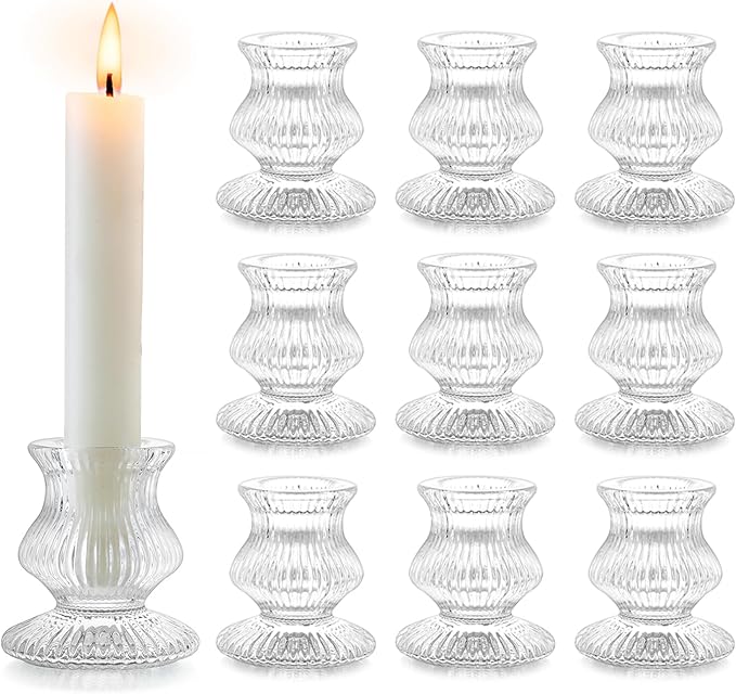 Romadedi Glass Candle Holder for Candlestick - 10 Pcs Clear Small Tapered Candle Holder Decor Bulk Wedding Table Centerpiece for Candle Sticks Christmas Party Living Room Dinner Advent