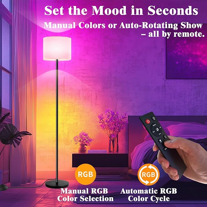 Smart Floor Lamp with APP & Remote Control - Dimmable RGB & White Light (3000K-6500K) for Living Room, Bedroom, Office - Modern Standing Lamp with 9W LED Bulb Included