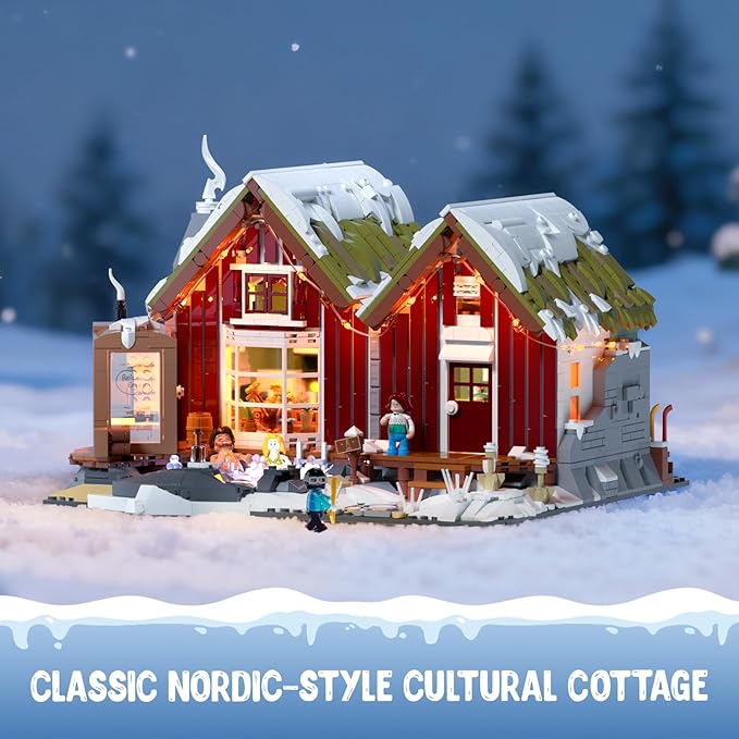 Spa-Cabin Winter Lighting-Building-Bricks Set - 2235 Pcs Christmas House Winter Lodge LED Light Construction Building Christmas Village Model Set for Adults and Families