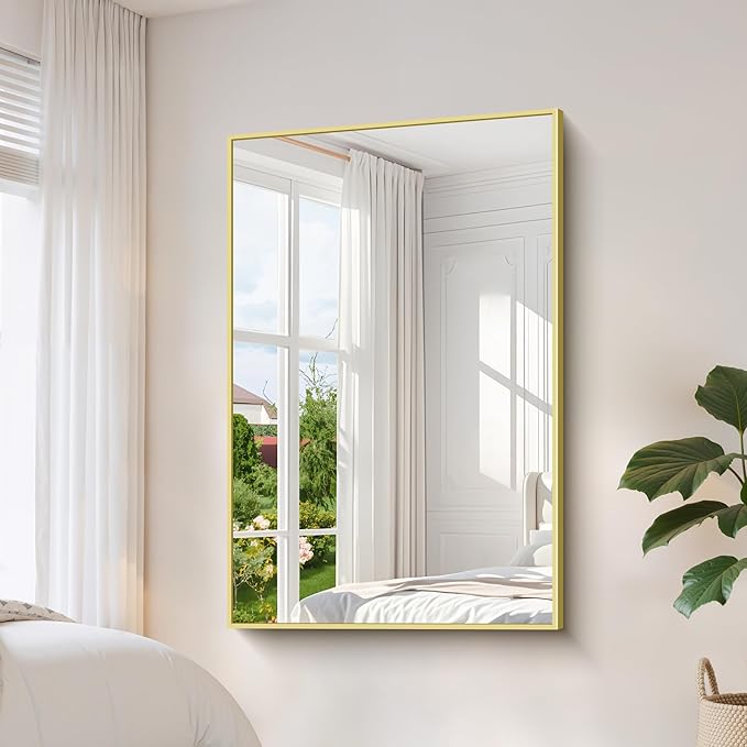 YIROMAN Bathroom Mirror 55"x36", Large Brushed Gold Bathroom Mirror for Over Sink with Aluminum Frame, Rectangular Vanity Mirror with Right Angle, Wall Mirror Hangs Horizontal or Vertical