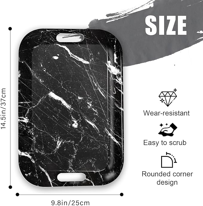 Serving Trays with Handles, 14.5 x 9.8 inch Rectangular Plastic Tray for Restaurant, Kitchen, Black Marble