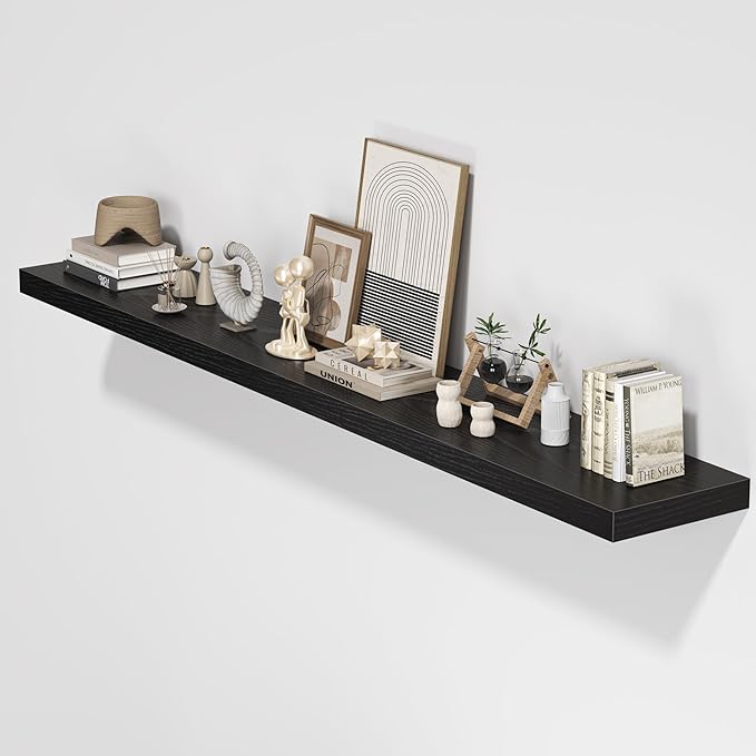 Floating Shelves for Wall, 72"W x 9.3"D x 1.5"H, Long Wooden Wall Mounted Display Shelves with Invisible Brackets for Living Room, Bedroom, Bathroom, Kitchen Decor and Storage, Set of 1, Black