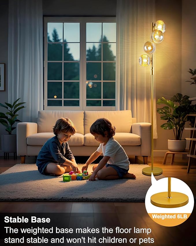 Lightdot 64IN Dimmable Floor Lamp with Glass Globe Shade, Modern Gold Standing Lamps with 4PCS 3000K G9 Bulbs Soft Warm White Eye Care, Mid Century Floor Lamp for Living Room Bedroom