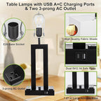 Modern Table Lamps Set of 2-22" Tall Bedside Lamps with USB-C/USB-A Charge Ports & Outlet, Stepless Dimmable Fabric White Shade Nightstand Lamps for Bedroom & Living Room