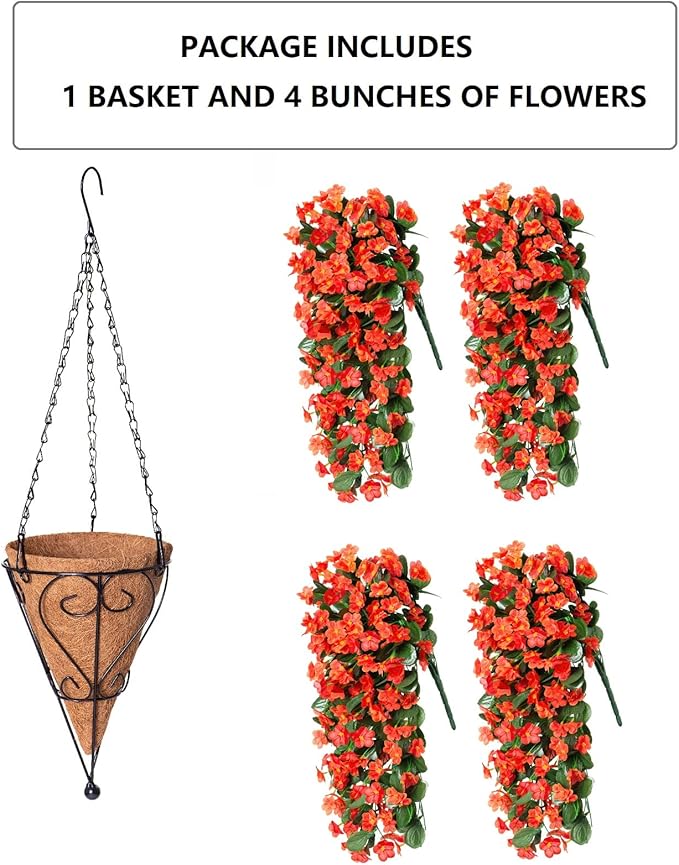 Artificial Fake Fall Hanging Flowers Plants Baskets for Autumn Outdoor Outside, Faux Silk Orange Orchid in Planter UV Resistant for Home Porch Garden Yard Patio Decor