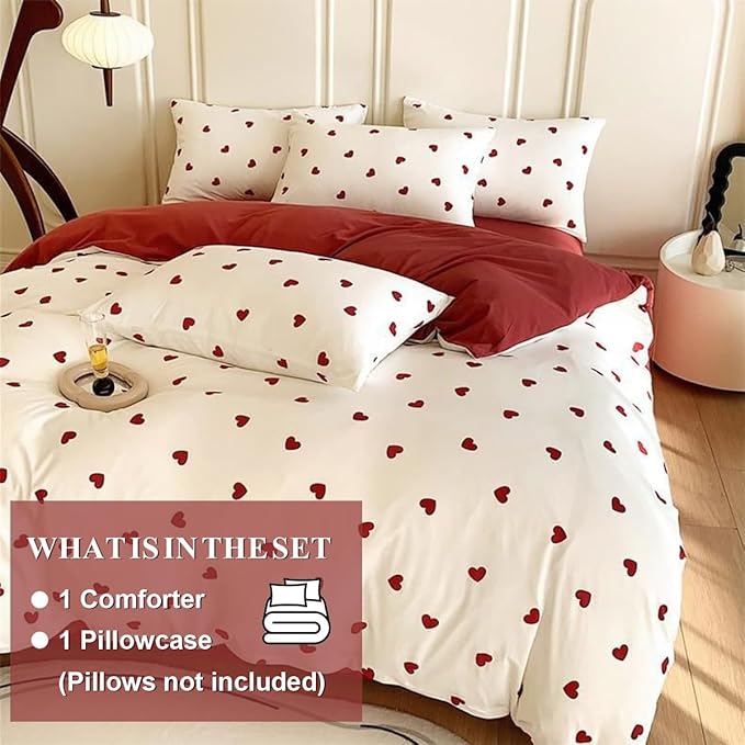 Heart Comforter Set Twin Size - 2 Pieces Red White Heart Comforter Bedding Sets for Girls Kids,Twin Bed in a Bag with Heart Love Comforter and 1 Pillowcase