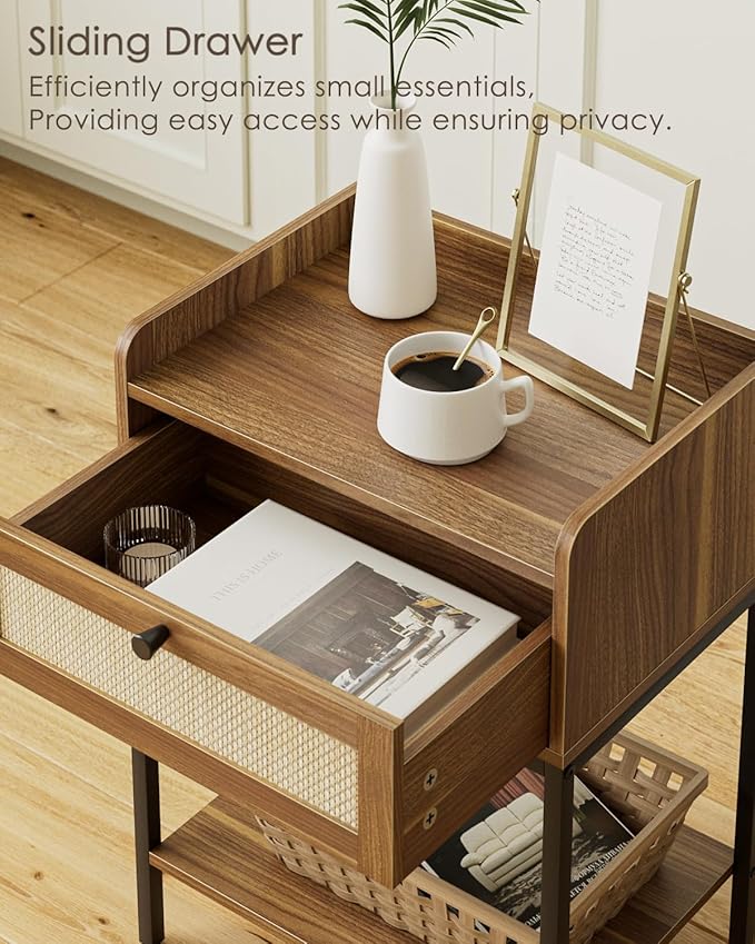 Masupu Rattan Nightstand,3-Tier Modern Bedside Night Stand with Storage Drawer and Shelf,Small End Side Table for Bedroom,Living Room,Walnut Brown (Without Outlet, Brown)