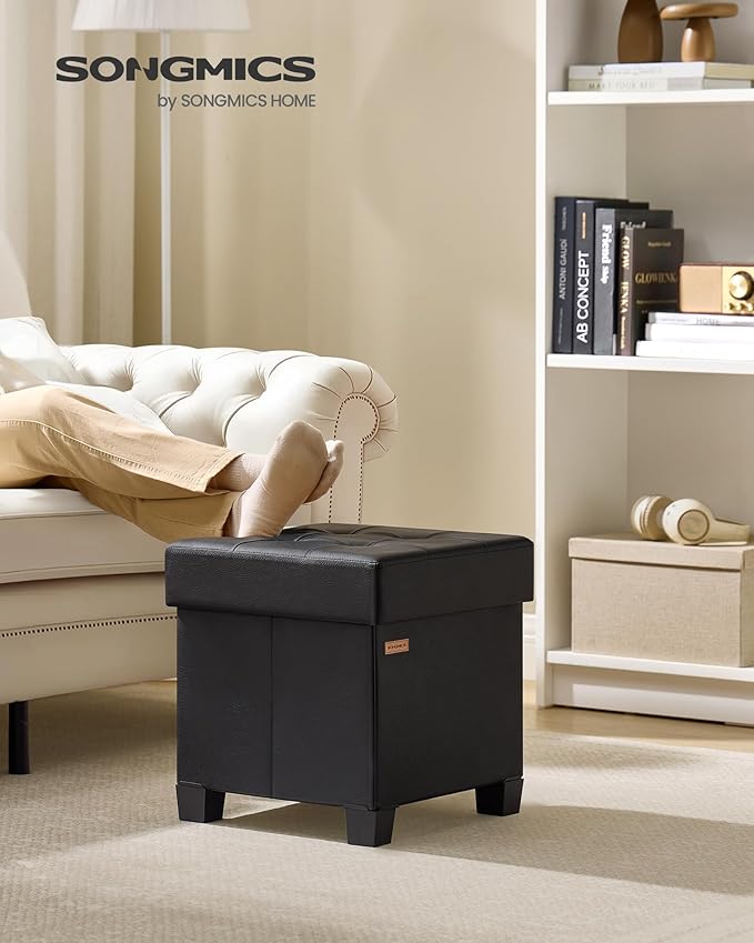 SONGMICS Storage Ottoman, Cube Ottoman with Legs, 15 x 15 x 15.7 Inches, Footstool, Footrest, 10 Gal. (37 L), Synthetic Leather, for Bedroom, Living Room, Dorm, Ink Black ULSF0512B02