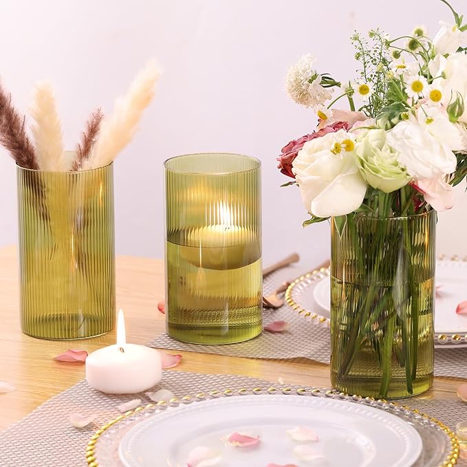 Glass Cylinder Bud vases for Centerpieces, 6 Inches Clear Ribbed Glass Vases Bulk for Wedding Table Decor, Loral Vase Bulk Flower vases, Tall Hurricane Candle Holder for Table Shelf, Party (Green)