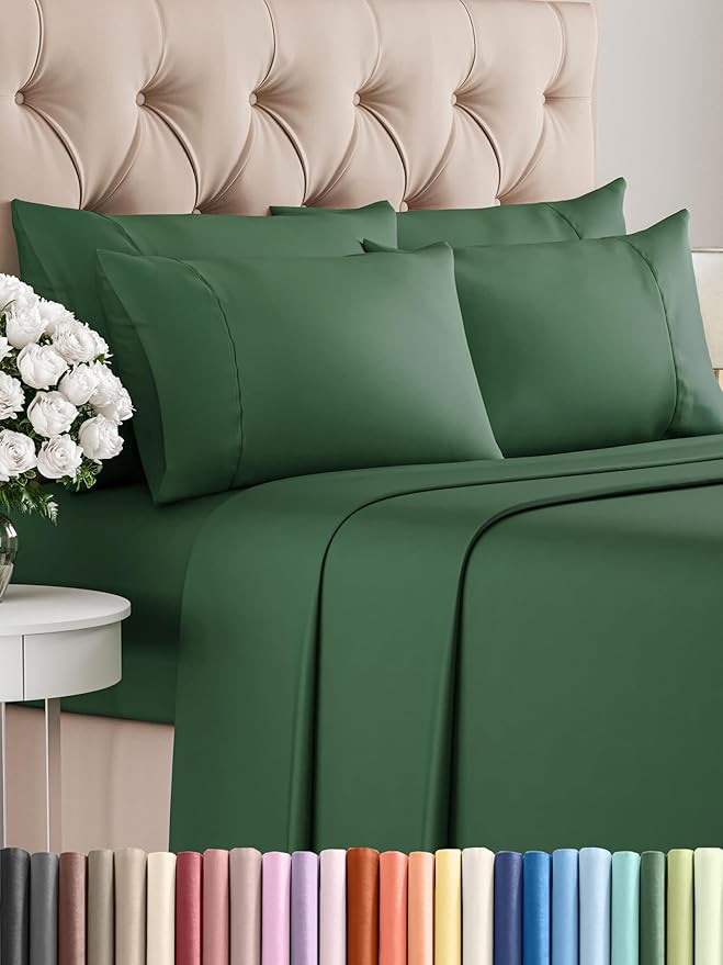 King Sheets Set 6 Piece - Bed Sheets King Size - Soft Hotel Luxury Bedding - Cooling, Comfy & Breathable - 1 Flat & 1 Fitted & 4 Pillowcases w/ Deep Pockets - Wrinkle Resistant & Fade Free - Emerald