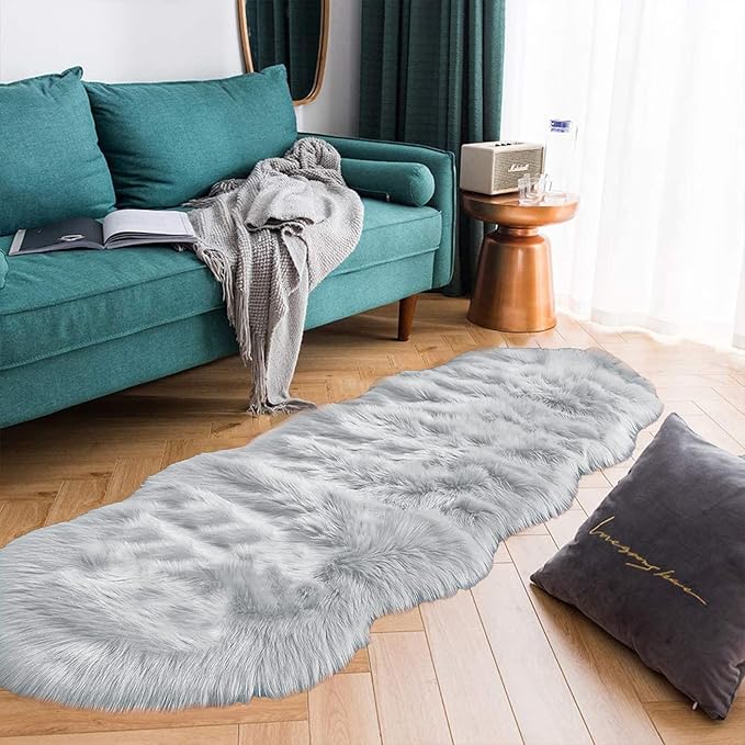 Latepis Grey Faux Sheepskin Fur 2x6 Runner Rugs High Pile Soft Plush Fuzzy Rug for Bedroom Bedside Shag Rug Fluffy Carpet for Living Room Home Décor