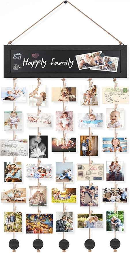 Bikoney Picture Frames Collage Wall Decor Photo Hanging Display Picture Board Wood Rustic Frames for Home Dorm Room Decor with Blackboard and 30 Clips Vintage Black