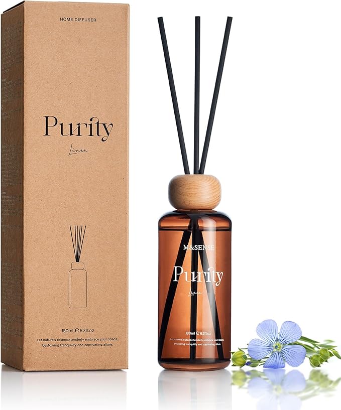M&SENSE Linen Scent Reed Diffuser | 6.3 fl oz Natural Essential Oil Diffuser with Sticks, Non-Toxic Housewarming Aromatherapy Diffuser Gift for Bathroom & Shelf Decor