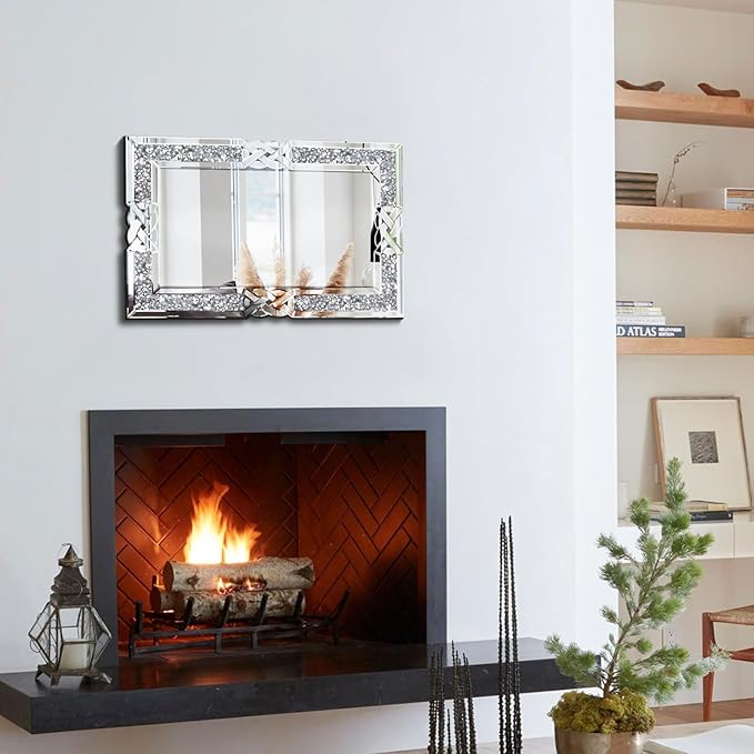 Crushed Diamond Decorative Wall Mirrors, 24x36 Inch Rectangle Living Room Mirrors for Wall Decor, Modern Glam Bathroom Dining Room Entryway Mirror Silver