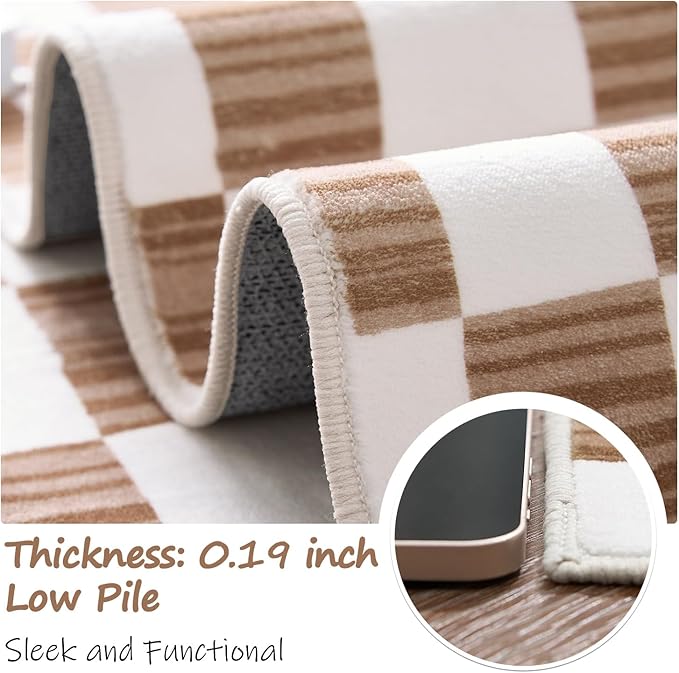 jinchan 2x3 Kids Area Rug Washable Indoor Entryway Doormat Modern Checkered Geometric Lattice Small Rug Non Slip Soft Carpet for Nursery Room Bedroom Bathroom Home Brown