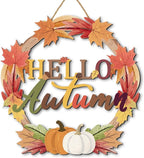COLOR VALLEY ART Hello Autumn Wreath Sign, Fall Maple Leaf Wall Decor with Pumpkins, Rustic Wooden Thanksgiving Decoration, 11.4L''x11.4W'' (Maple Leaf Wreaths)
