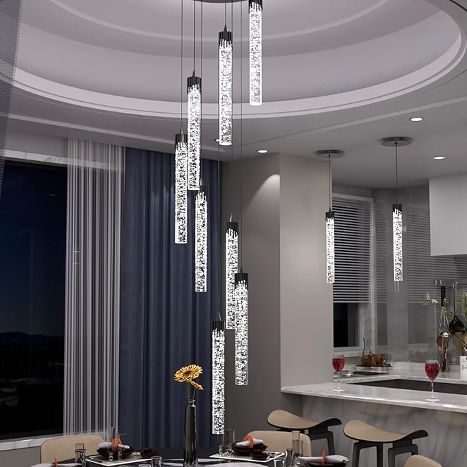 Pendant Light Fixtures LED Black 8-Light Chandelier for Living Room Modern Bubble Crystal Chandelier Entryway Foyer Dimmale 2700K-6000K