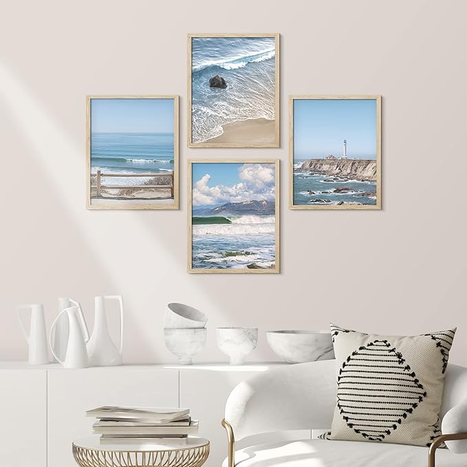 SIGNWIN Framed White Aerial View Blue Ocean Wave Beach Shore Wall Art, Set of 4 Landscape Colorful Wall Decor Prints, Nature Wilderness Wall Décor for Living Room, Bedroom - 11"x14" Natural