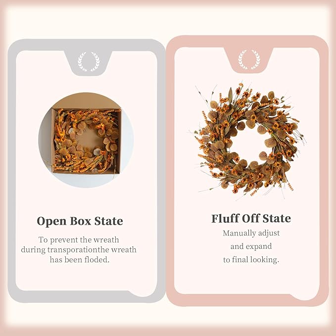 22 Inch Fall Wreath for Front Door Artificial Autumn Wreath with Eucalyptus Leaves Wild Flowers Harvest for Festival Thanksgiving Halloween Farmhouse Wall Home Decor