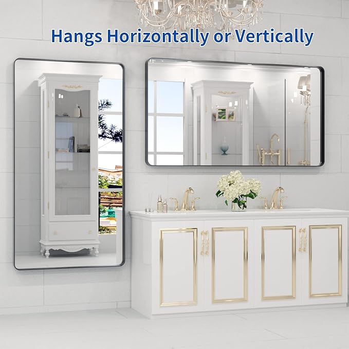 WEER Black Metal Frame Bathroom Mirror, 55x30 Inch Black Bathroom Vanity Mirror for Over Sink Wall, Rounded Rectangle Matte Black Mirror, Anti-Rust, Tempered Glass, Hangs Horizontally or Vertically