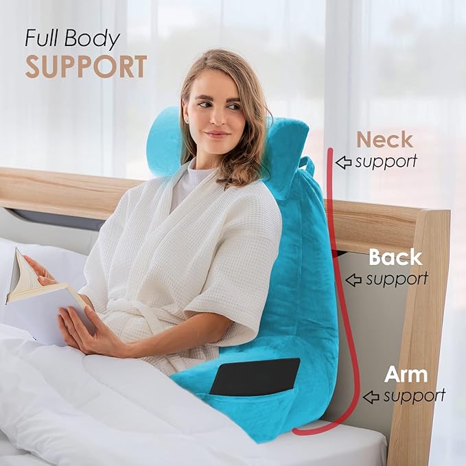 Nestl Reading Pillow Large Bed Pillow, Back Pillow for Sitting in Bed Shredded Memory Foam Chair Pillow, Reading & Bed Rest Pillows Bright Blue Back Pillow for Bed, Bed Chair Arm Pillow with Pockets