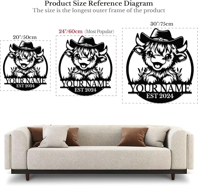 Personalized Highland Cow Name metal Signs,Custom Highland Cow Metal Shed Wall Decor,Black Metal Wall Art Plaques Outdoor wall Decorative Signage (Style A)