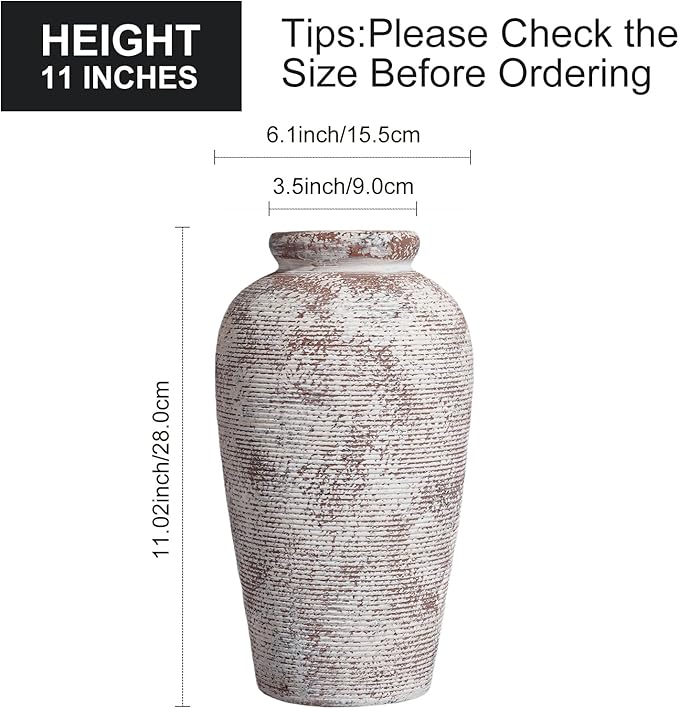 Terracotta Vase, Rustic Farmhouse Vase, Large Ceramic Vases for Centerpieces, Farmhouse Decor for Living Room, Shelf, Entryway, Room Decor, 11 inch