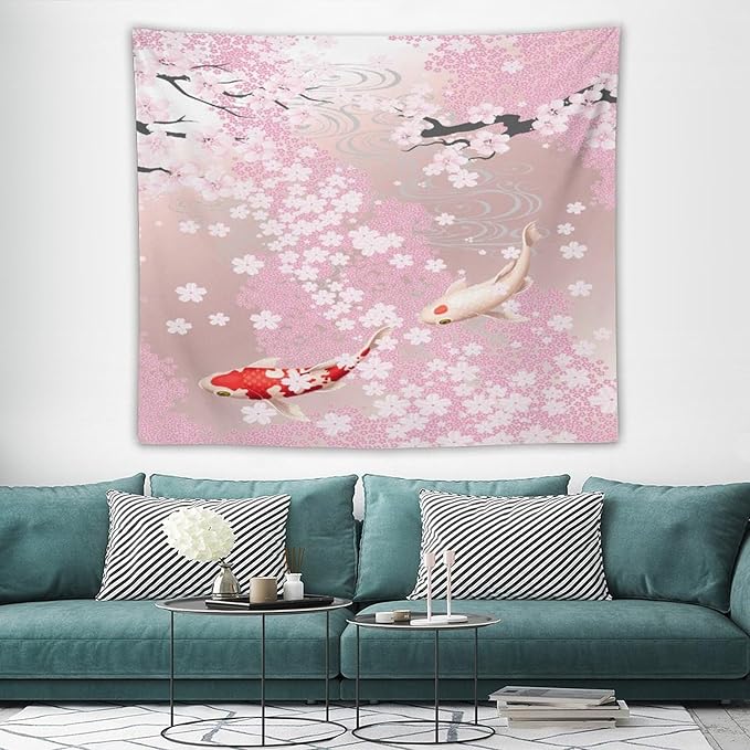 Houselerax Japanese Koi Fish Tapestry, Cherry Blossoms Asian Oriental Pink Flower Branch Koi Fish Carp Tapestries Wall Hanging for Bedroom Living Room Office Decor 60"x50"