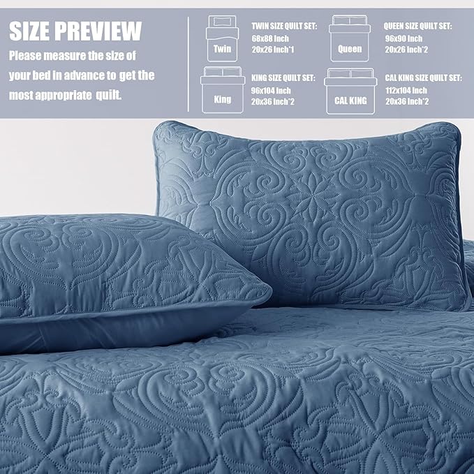 Exclusivo Mezcla Quilts Queen Size Bedding Set with 2 Pillow Shams, Lightweight Grayish Blue Full Queen Quilt Bedspread with Vintage Damask Pattern, Soft Bedspreads Coverlets for All Seasons