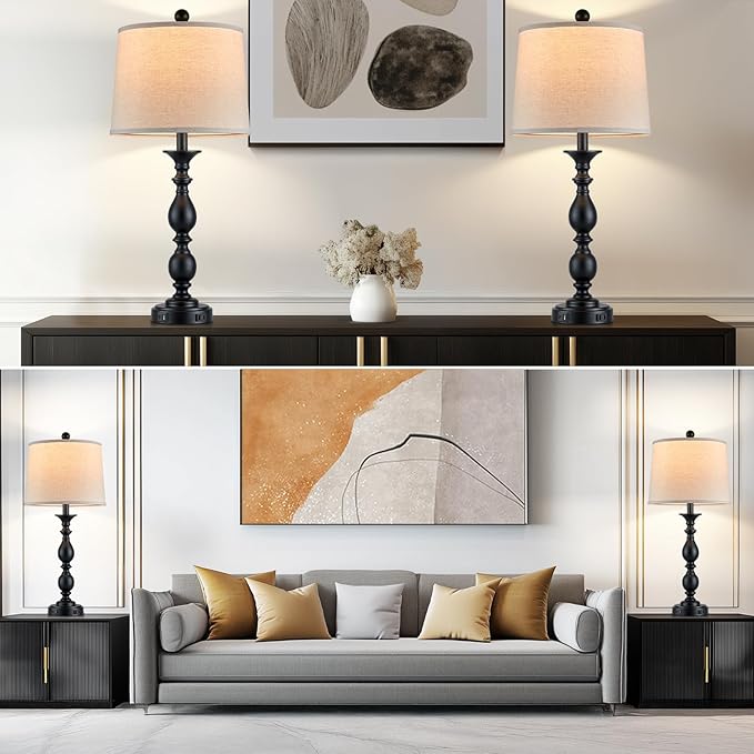 28" Tall Modern Table Lamps Set of 2 with USB C+A Ports and AC Outlet, 3 Way Touch Metal Bedside Lamps for Living Room, Black Farmhouse Nightstand Lamps for Bedroom