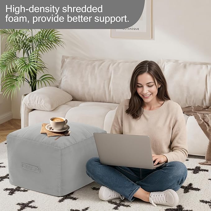 MeMoreCool Square Stuffed Pouf Ottoman Foot Rest, Floor Pouf Foot Stool with Foam Chunk Filling, Soft Stuffed Ottoman Footrest for Living Room, Light Grey