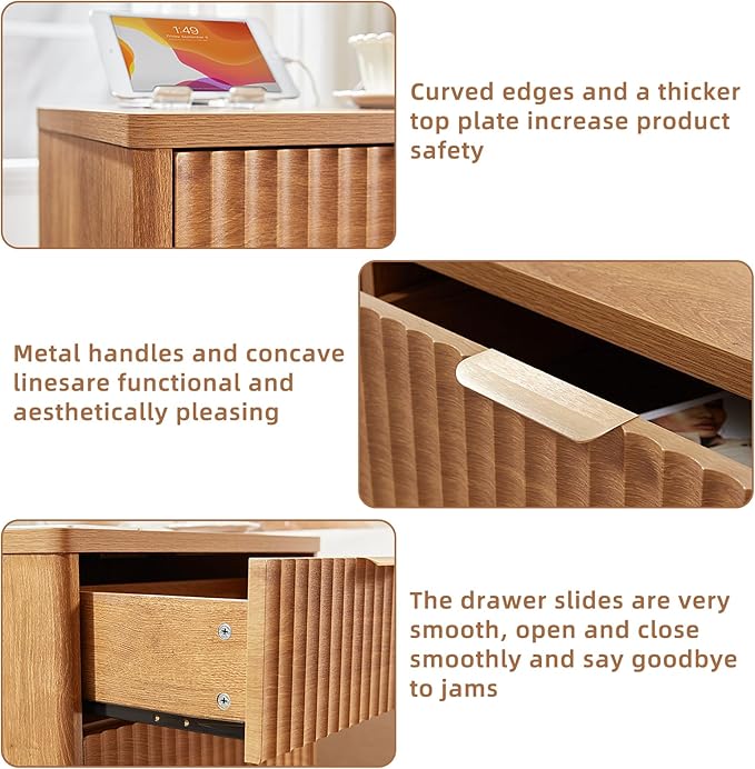 LEYAOYAO Fluted Nightstand Set of 2 with Charging Station,23" Modern Nightstand with Woodgrain Top, 3 Drawer End Table w/Storage, BedsideTables for Bedroom, Living Room, Curved Profile,Brown