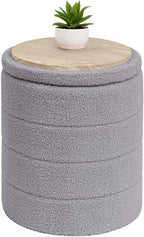 B FSOBEIIALEO Ottoman with Stroage, Round Sherpa Storage Ottoman Stool, Boucle Foot Rest 14.6"x14.6"x17.7"（Grey