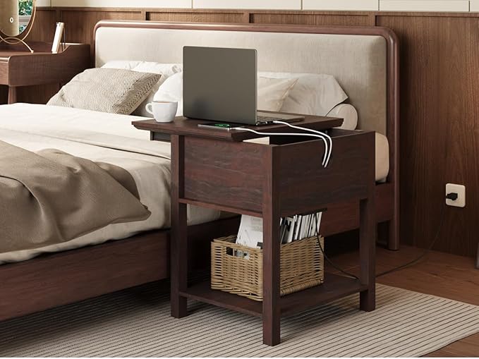 Rresyet Sliding Side Table with Charging Station & 2-Tier Storage,Farmhouse End Table, Wooden Nightstand for Bedroom & Living Room,Cherry