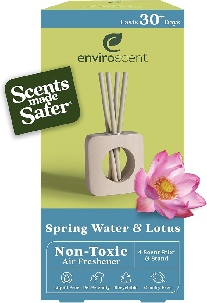 Enviroscent Non-Toxic Air Freshener for Home | Liquid Free Diffuser | Home Fragrance Lasts Over 30 Days | Kit includes 1 Mango Wood Stand & 1 Scent Stix Refill (Spring Water & Lotus)