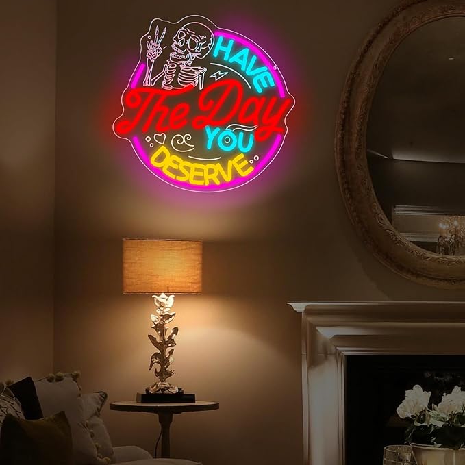 Have The Day You Deserve Neon Sign,Funny Skull Neon Signs For Wall Decor,USB Dimmable LED Neon Light signs for Bedroom,Party, Bar, club,Living Room Halloween Decoration Gifts