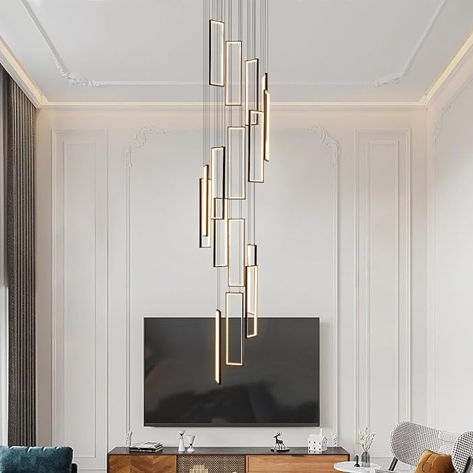 Modern Adjustable Height Pendant Light Fixture Black 288W LED Pendant Lights 16 Rings Rectangular Chandelier Staircase Large Chandelier Lobby Living Room Foyer High Ceiling Chandeliers