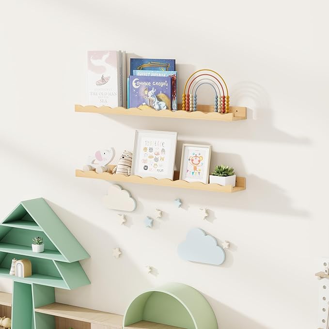 Fun Memories Picture Ledge Shelf for Wall, 36 inch Pine Wood Nursery Book Shelves Set of 2- Wall Book Shelves for Kids Room, Home Decor - Kitchen Spice-Natural