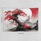 Cherry Blossoms Tapestry, Japanese Red Landscape Asian Watercolor Abstract Art, Bedroom Living Room Decor 90"x60"